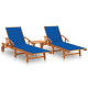 Lot de 2 transats chaise longue bain de soleil lit de jardin terrasse d'extérieur avec table et coussins acacia solide - Couleur au choix Bleu-royal