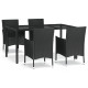 Mobilier à dîner de jardin et coussins 5pcs noir résine tressée 