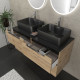 Meuble salle de bains 120cm chêne et noir, vasques rectangulaires et miroirs led ø50cm - omega Aurlane - PACM486 