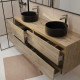 Meuble Salle de Bains 160 TIMBER Décor chêne 4 Tiroirs - Vasques à poser Noires 2 Miroirs 75x55 Aurlane - PACM861 