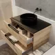 Meuble salle de bains 80cm décor bois et noir, 2 tiroirs, vasque noire ø36cm et miroir led 80x60cm Aurlane - PACM777 