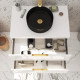 Meuble salle de bains 80cm laqué blanc et or doré 2 tiroirs - vasque noire - miroir & applique led 