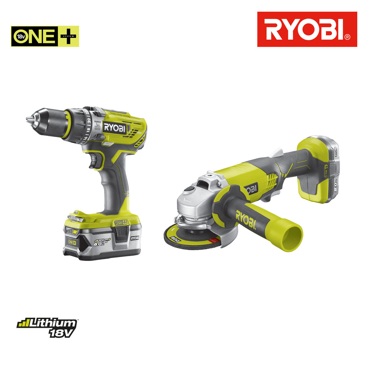 ryobi pack perceuse visseuse a percussion 18v meuleuse d angle oneplus 18v 1 batterie 18v 2 0 ah 1 batterie 18v 4 0 ah 1 chargeur r18pdag 242s distriartisan