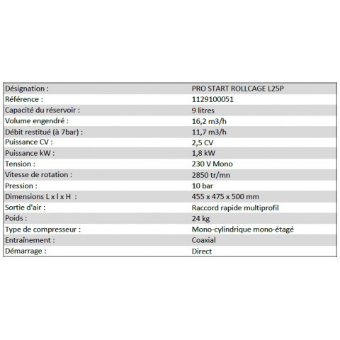 Compresseur à piston lubrifié 9l 10 bar 2,5cv 16,2 m3/h pro start rollcage l25p abac