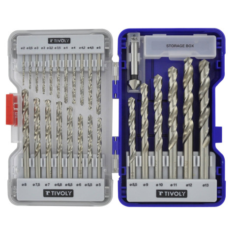 Coffret 26 pièces TIVOLY - 25 forets métaux HSS taillés meulés pointe en croix Ø 2 à 13mm + 1 fraise à noyer HSS Ø 16,5mm - 11452070002