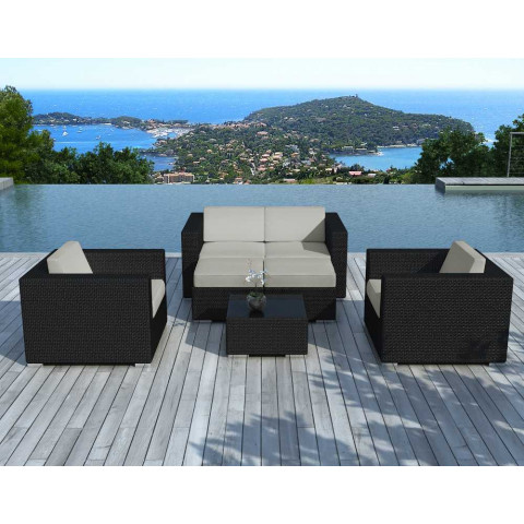 Salon de jardin 4 à 6 places en résine noire avec coussins - Couleur au choix
