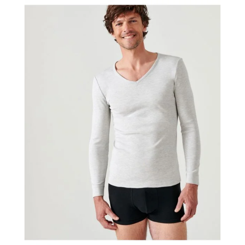 Tee-shirt DAMART Col V - Manches longues - Gris chiné - T.XL - 12302