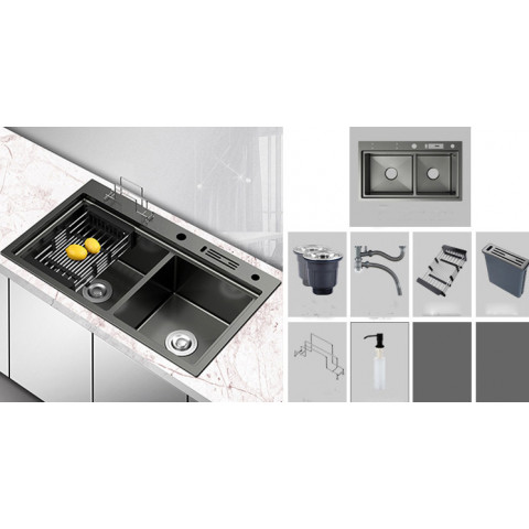 evier de cuisine a deux bacs en inox noir 82 x 46 cm distriartisan