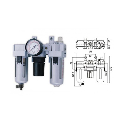 Ensemble filtre régulateur lubrificateur circuit pneumatique 1/4