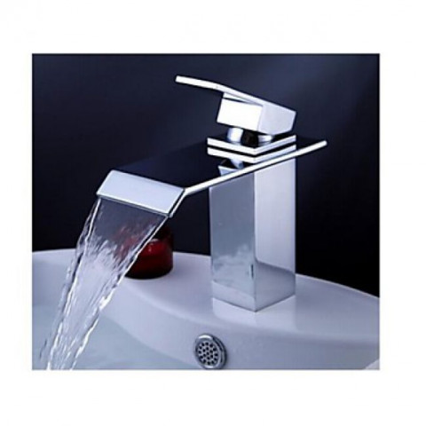 Robinet salle bain à bec plat et finition chromé, un robinet à design contemporain muni de poignée unique