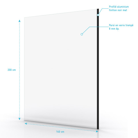 Paroi de douche à l'italienne transparent - verre transparent 8mm - profile noir mat - Freedom 2 dark - Dimensions au choix