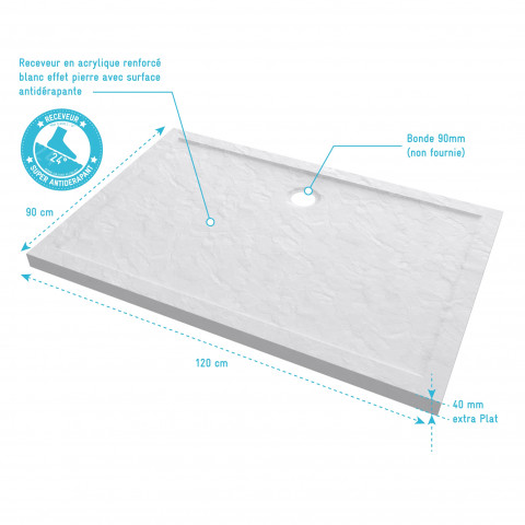 Receveur de douche à poser rectangle extra plat en acrylique renforcée blanc - Finition pierre - Moon rectangular - Dimensions au choix