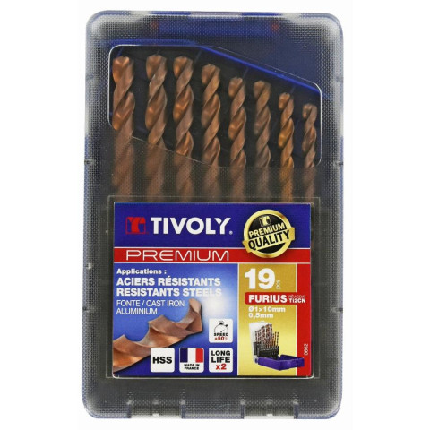 Coffret TIVOLY 19 forets métaux FURIUS HSS revêtus FUSIO pointe en croix Ø 1 à 10mm - 11454170015