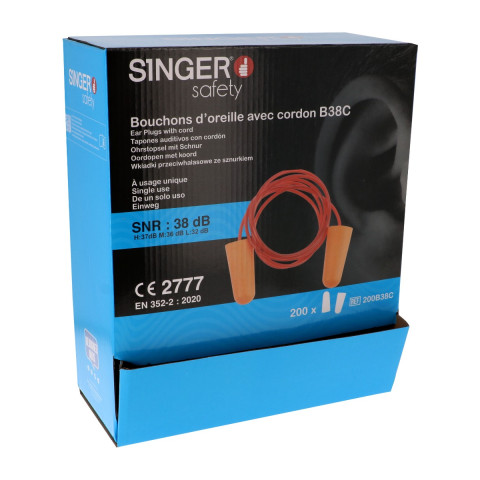 Bouchons d'oreilles PU Orange SNR 38dB avec cordon - Boite de 200 paires - SINGER FRERES - 200B38C