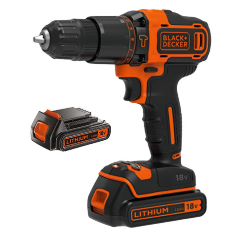 Kit brico : perceuse perc 18v black+dekker - avec 2 batteries 1,5ah , 6 outils, 60 accs, 12 clés et boîte - bcksb04-qw