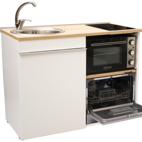 Kitchenette 120 cm avec domino de cuisson induction, four, lave-vaisselle silver , évier gauche- trio120bg-id-s
