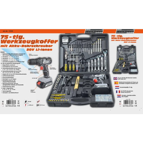 Kit d'outils 75 pcs et perceuse sans fil 20v, 1,3 ah