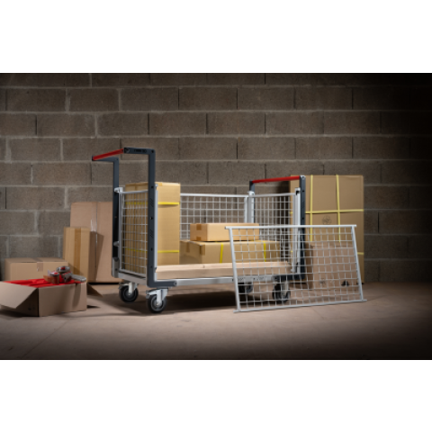 Chariot modulaire grillagé 2 dossiers + 2 ridelles, plateau bois 1000 x 600 mm, 250 kg