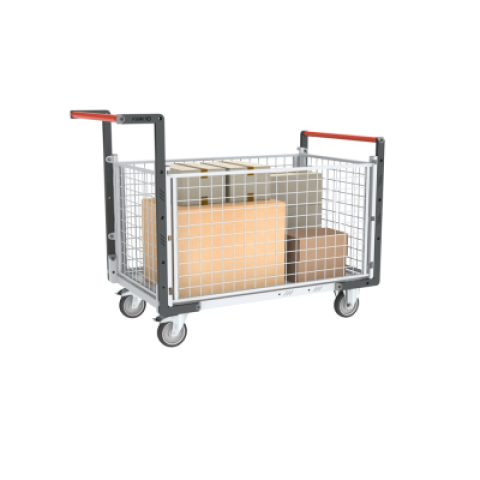 Chariot modulaire grillagé 2 dossiers + 2 ridelles, plateau bois 1000 x 600 mm, 250 kg