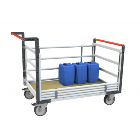 Chariot modulaire tube 2 dossiers + 2 ridelles, plateau bois 1000 x 600 mm, roues rectangle 500 kg