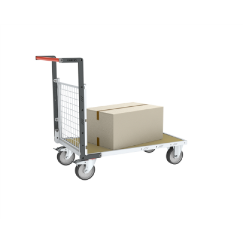 Chariot modulaire grillagé 1 dossier, plateau bois 1000 x 600 mm, roues rectangle 500 kg