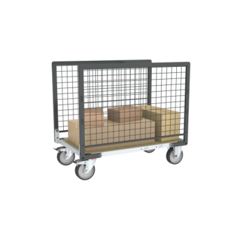 Chariot modulaire grillagé 2 ridelles, plateau bois 1000 x 600 mm, roues rectangle 500 kg