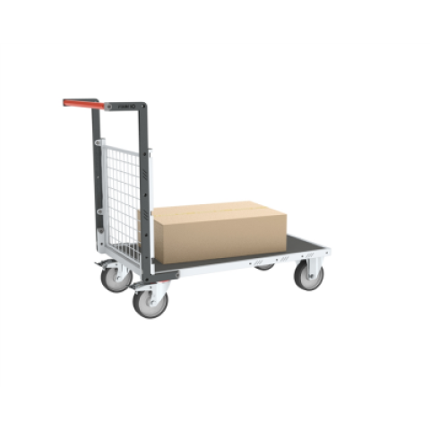 Chariot modulaire grillagé 1 dossier, plateau bois avec tapis caoutchouc 1000 x 600 mm 500 kg