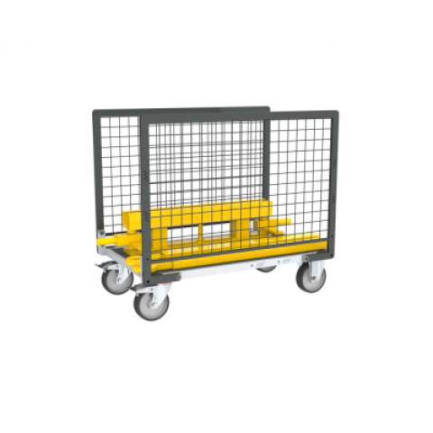 Chariot modulaire grillagé 2 ridelles, plateau bois avec tapis caoutchouc 1000 x 600 mm 500 kg