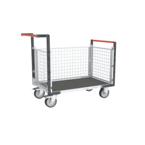 Chariot modulaire grillagé 2 dossiers + 2 ridelles, plateau bois avec tapis caoutchouc 1000 x 600 mm 500 kg