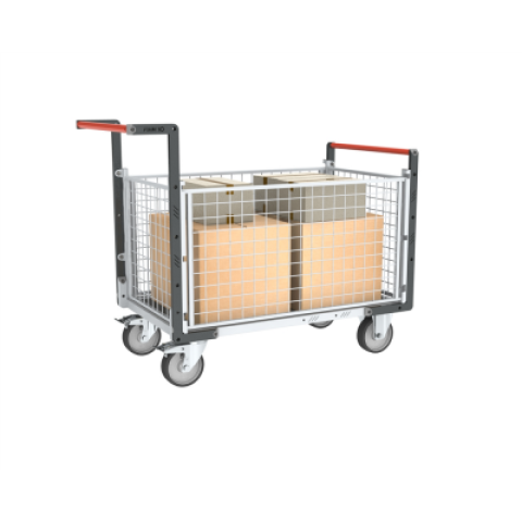 Chariot modulaire grillagé 2 dossiers + 2 ridelles, plateau bois avec tapis caoutchouc 1000 x 600 mm 500 kg