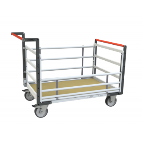 Chariot modulaire tube 2 dossiers + 2 ridelles, plateau bois 1200 x 800 mm, roues rectangle 500 kg