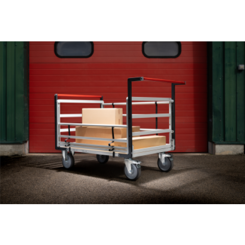 Chariot modulaire tube 2 dossiers + 2 ridelles, plateau bois 1200 x 800 mm, roues rectangle 500 kg