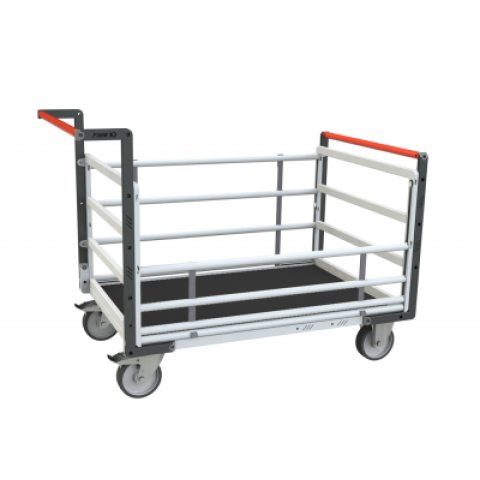 Chariot modulaire tube 2 dossiers + 2 ridelles, plateau bois avec tapis caoutchouc 1200 x 800 mm 500 kg