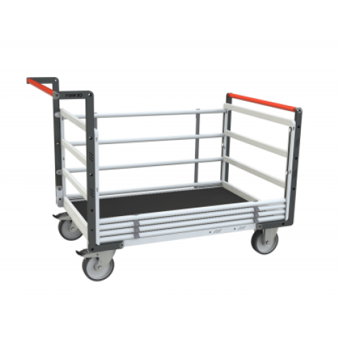 Chariot modulaire tube 2 dossiers + 2 ridelles, plateau bois avec tapis caoutchouc 1200 x 800 mm 500 kg
