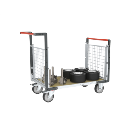 Chariot modulaire grillagé 2 dossiers, plateau bois 1200 x 800 mm, roues rectangle 500 kg