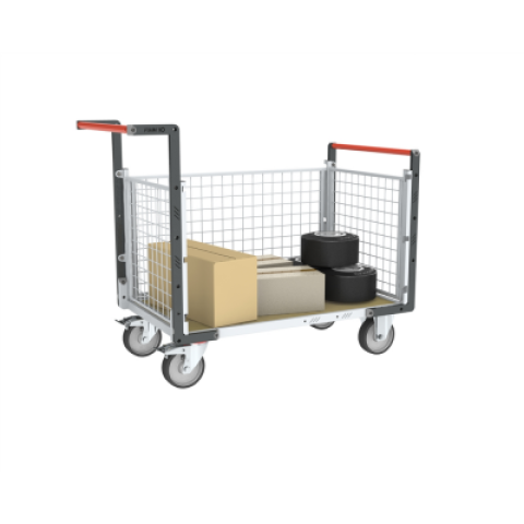 Chariot modulaire grillagé 2 dossiers + 1 ridelle, plateau bois 1200 x 800 mm, roues rectangle 500 kg
