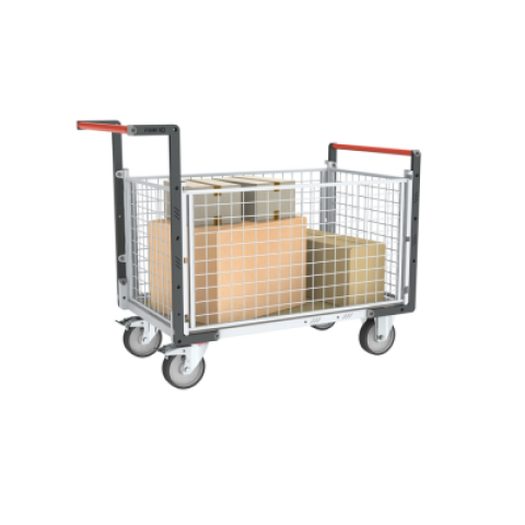 Chariot modulaire grillagé 2 dossiers + 2 ridelles, plateau bois 1200 x 800 mm, roues rectangle 500 kg