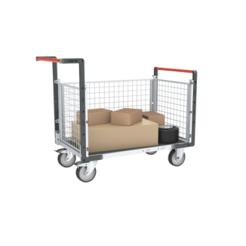 Chariot modulaire grillagé 2 dossiers + 1 ridelle, plateau bois avec tapis caoutchouc 1200 x 800 mm 500 kg