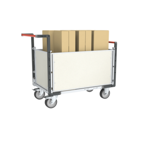 Chariot modulaire PP alvéolaire 2 dossiers + 2 ridelles, plateau bois médium 1200 x 800 mm, 500 kg