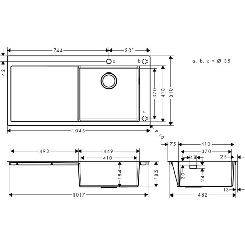 Evier encastré en acier inoxydable 1 bassin 450 mm s715-f450 avec égouttoir et trou pour robinet hansgrohe