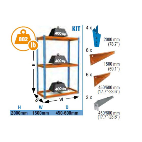 Étagère de rangement sans plateau 2000x1500x600mm bleu/orange charge 400 kg ecoforte 1506-3 simon rack
