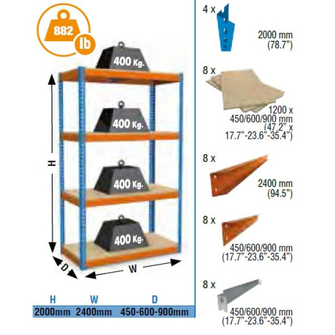 Étagère de rangement 2000x2400x450mm bleu/orange/bois charge 400 kg simonforte 2404-4 chipboard simon rack