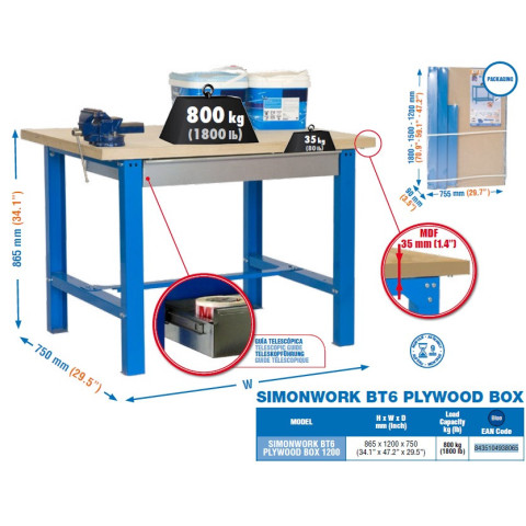 Établi 865x1200x750mm bleu bt6 plywood box 1200 simon rack