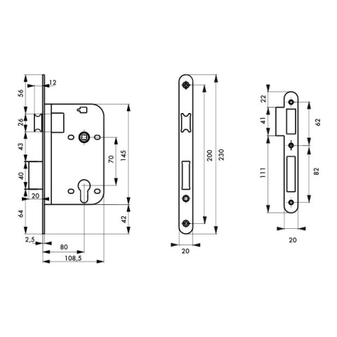 Boîtier serrure à encastrer à cylindre axe 80 mm têtière nickelé v/br/l 81296 thirard