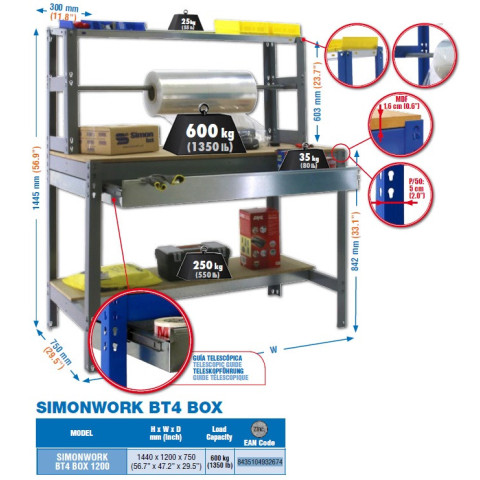 Kit établi 1440x1200x750mm charge 600kg simonwork bt4 box 1200 galva simon rack