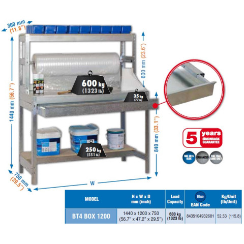 Kit établi avec tiroir 1440x1200x750mm bt-4 box 1200 bleu/bois simon rack