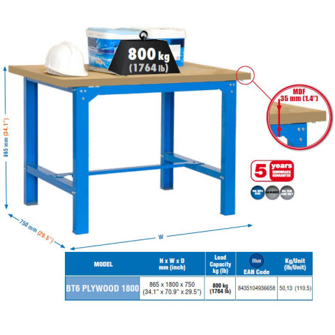 Kit établi 865x1800x750mm bleu/bois bt6 -1800 simon rack