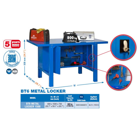 Kit établi avec un verrou 830x1500x730mm charge 800 kg bt-6 metal locker 1500 bleu simon rack