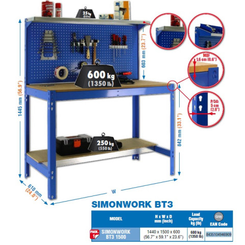 Kit établi 1440x1500x600mm charge 600kg simonwork bt3 1500 gris/bois simon rack