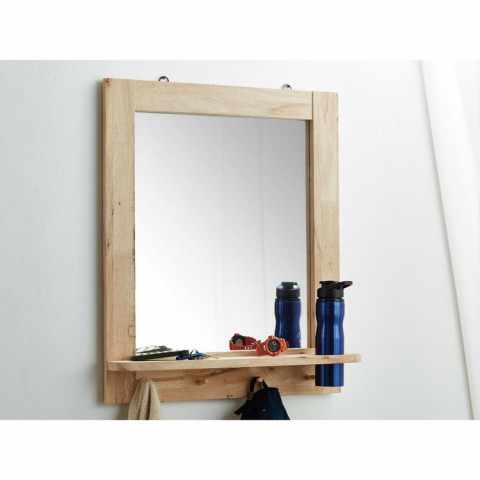 Miroir mural en hévéa massif avec étagère et crochets 74 x 60 cm bergen